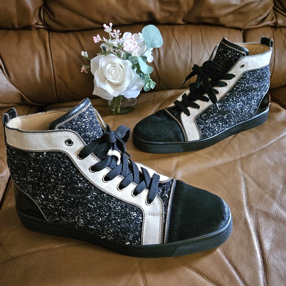 Men's Christian Louboutin Wool Fur Leather Designer Hightop Sneakers Size 8 US